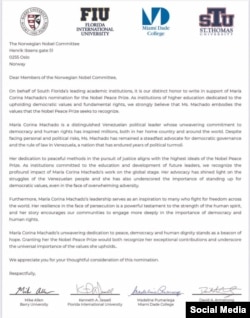 Carta con la nominación de María Corina Machado al Nobel de la Paz.
