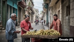 Cubanos compran plátanos a un vendedor ambulante en La Habana, en diciembre de 2018. 