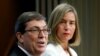 El canciller cubano Bruno Rodríguez y la representante de la UE Federica Mogherini, durante una reunión en Bruselas. (Archivo)