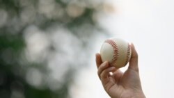 Primer plano de una mano sosteniendo una pelota de béisbol en un campo deportivo / Imagen de archivo